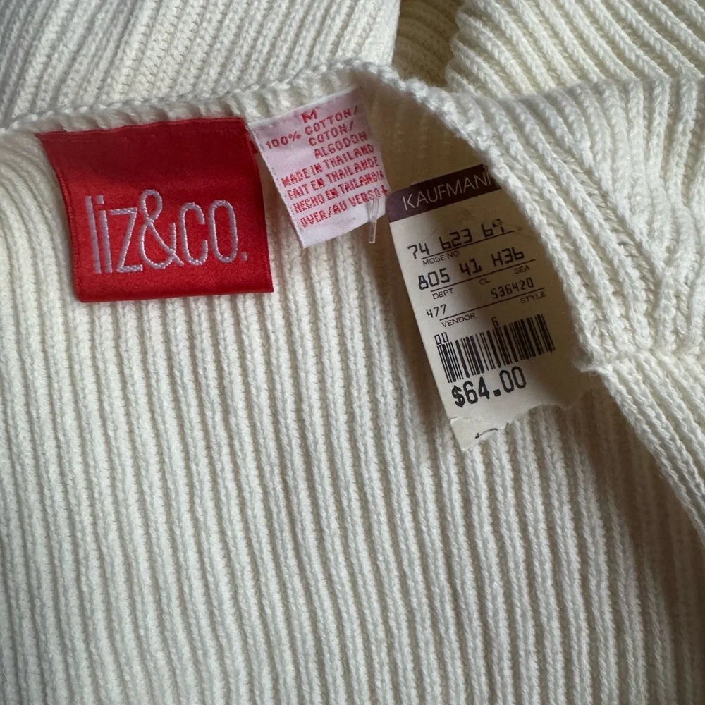 Deadstock 1980s/90s Liz & Co. 100% Cotton Off White Ribbed‎ Open Cardigan